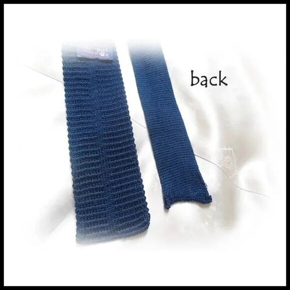 Mens Vintage Skinny Square Tie Navy Blue Cotton Knit by Rooster - Picture 7 of 14